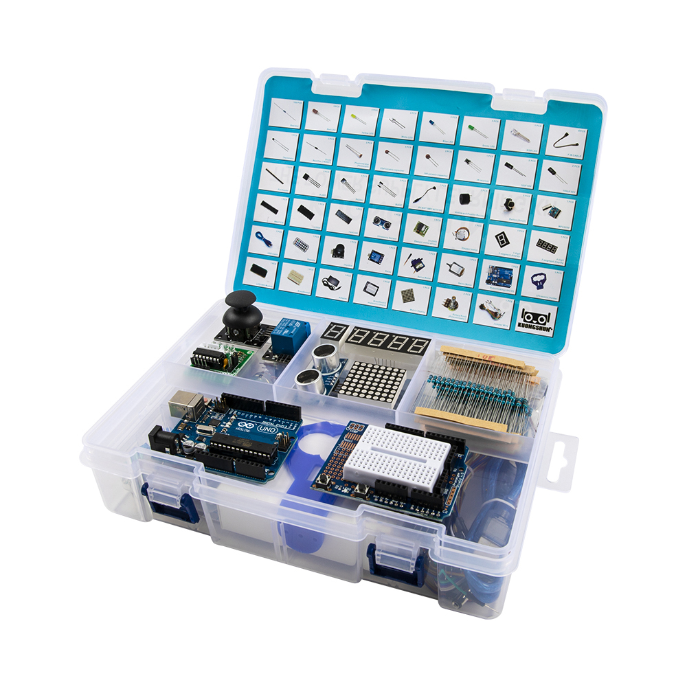 Стартовый набор Arduino UNO R3 DIP KUONGSHUN с логотипом без батарейки крона 9В с блоком питания под американскую розетку